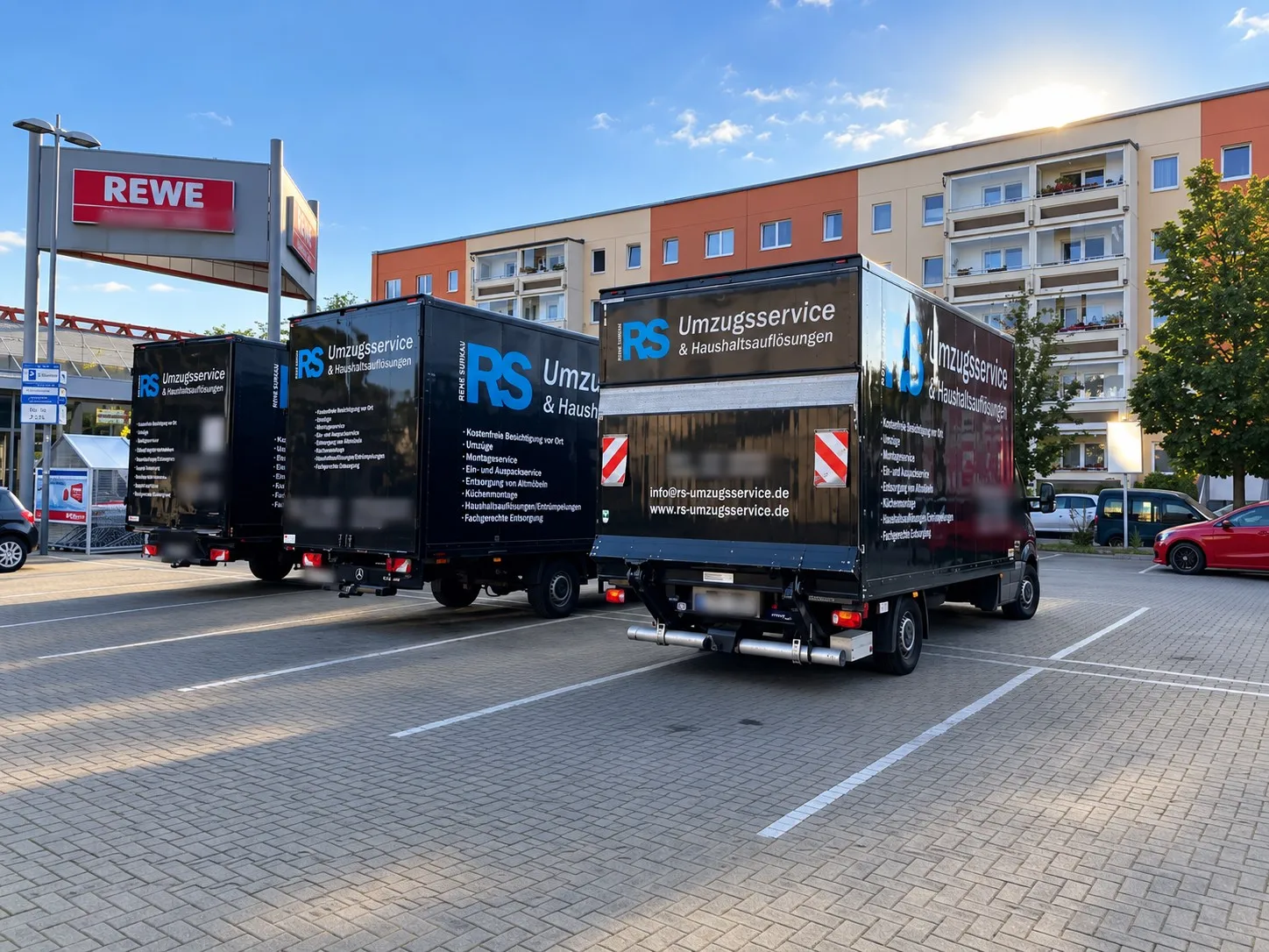 Drei Wagen von RS Umzugsservice von hinten auf einem Parkplatz vor einem Wohnblock